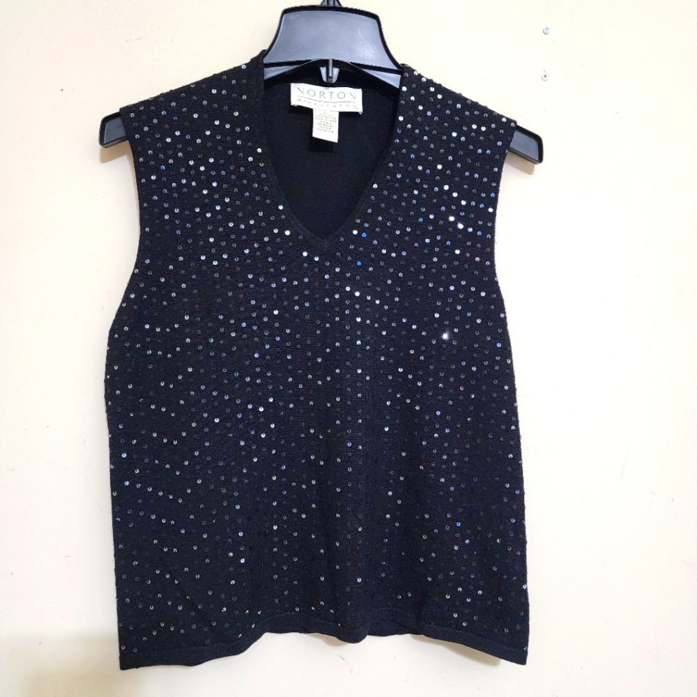 vintage NORTON MCNAUGHTON size Large Silk Blend Tank Sequined Stretchy Black‎